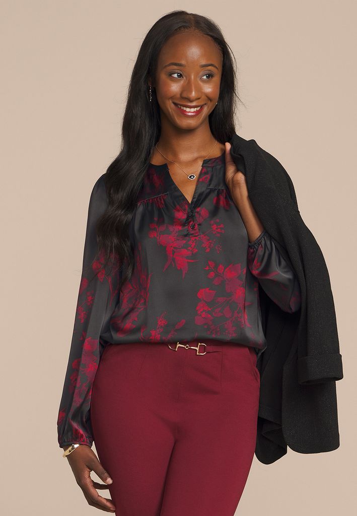 Black Satin Floral Print Blouse
