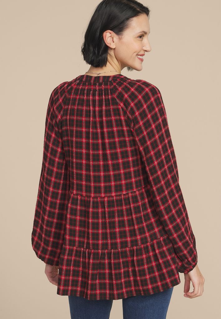 Plaid Tiered Button Front Blouse - Image 2