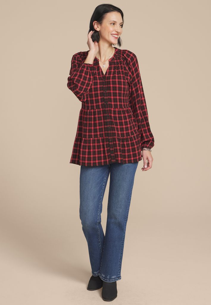 Plaid Tiered Button Front Blouse - Image 3