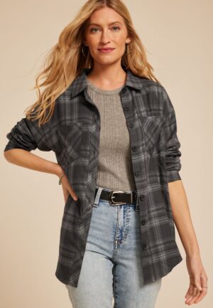 Metallic Plaid Boyfriend Tunic Button Down Shirt