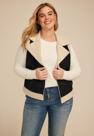 Plus Size Faux Suede Bonded Shearling Vest