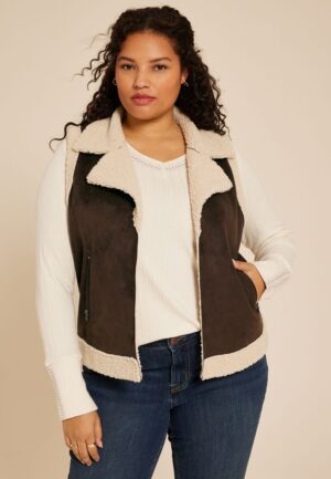 Plus Size Faux Suede Bonded Shearling Vest