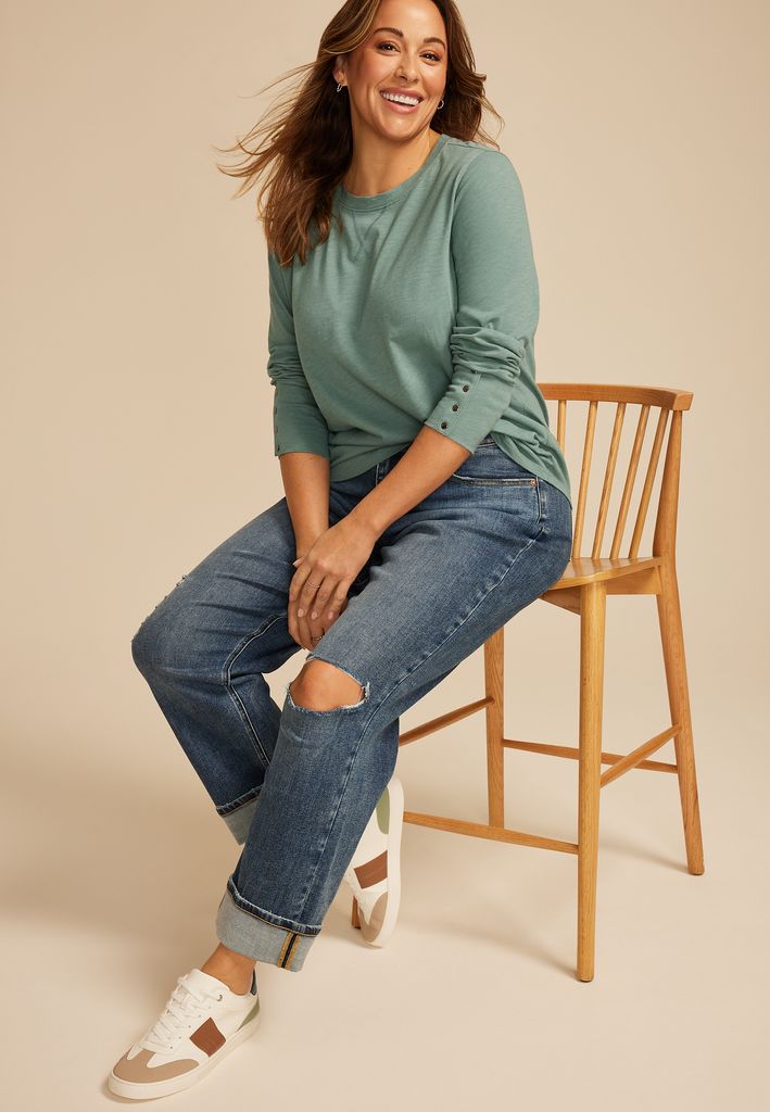 Plus Size Solid Long Sleeve Snap Button Cuff Top