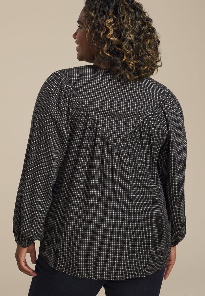 Plus Size Checkered Button Front Peasant Blouse - Image 2