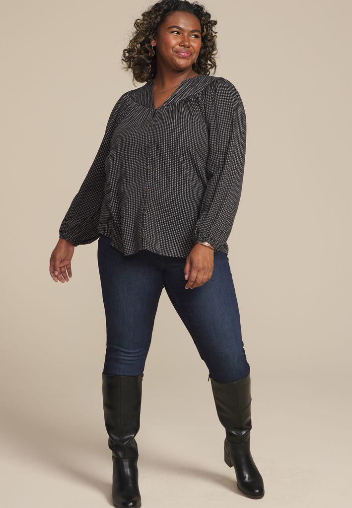Plus Size Checkered Button Front Peasant Blouse - Image 3