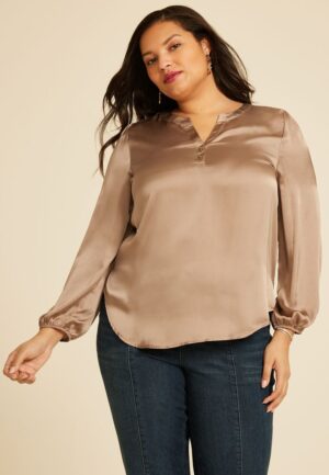 Plus Size Satin Split Neck Blouse