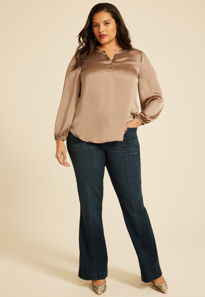 Plus Size Satin Split Neck Blouse - Image 3