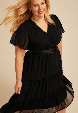 Plus Size Surplice Tiered Midi Dress