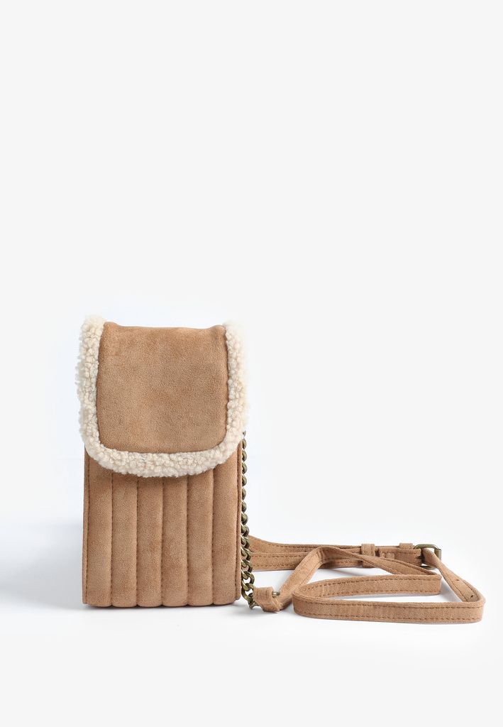 North South Faux Suede And Sherpa Trim Phone Pouch