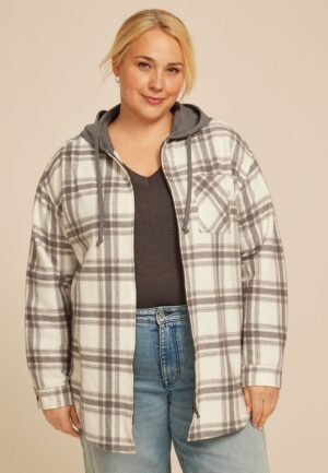 Plus Size Vintage Plaid Hooded Shacket
