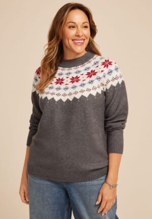 Plus Size Gray Fair Isle Crew Neck Sweater