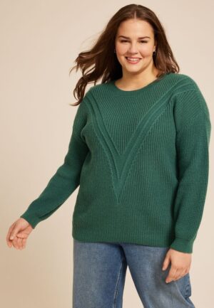 Plus Size Green V Stitch Crew Neck Sweater