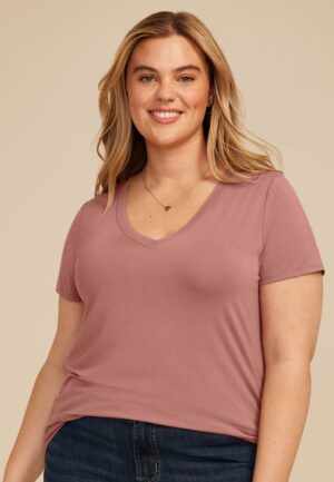 Plus Size 24/7 Mesh Trim V Neck Tee