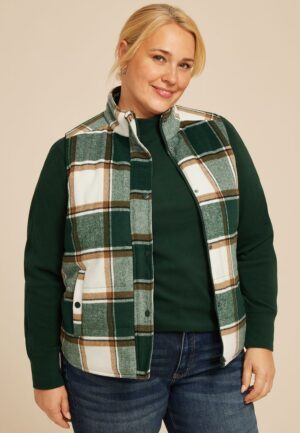 Plus Size Green Plaid Puffer Vest