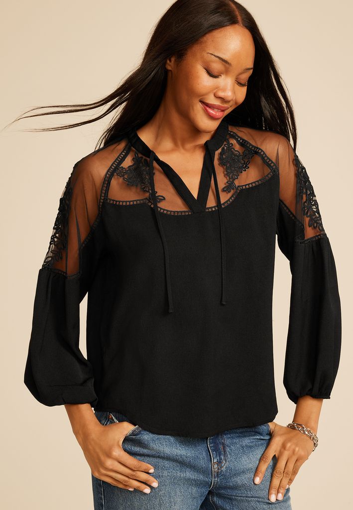 Studio Y Floral Embroidered Sheer Yoke Peasant Blouse