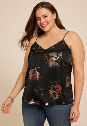 Plus Size Studio Y Metallic Floral V Neck Cami