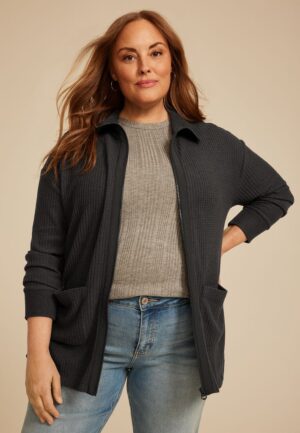 Plus Size Cozy Waffle Zip Jacket