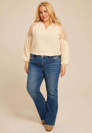 Plus Size Lace Shoulder Balloon Sleeve Blouse