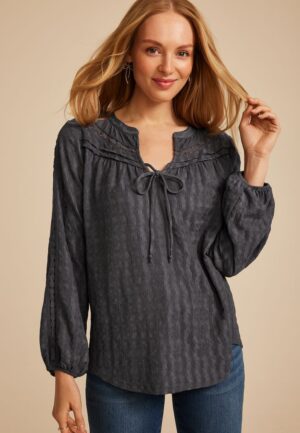 Gray Textured Peasant Blouse