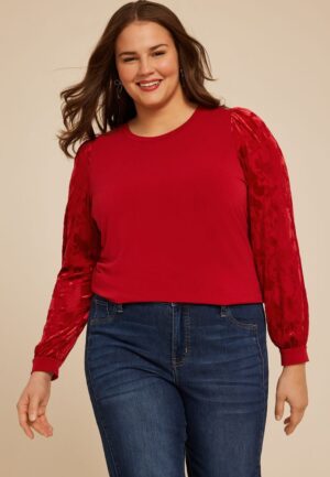 Plus Size Red Floral Velvet Puff Sleeves Top