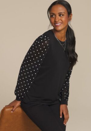 Black Polka Dot Mesh Puff Sleeves Top
