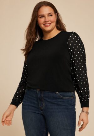 Plus Size Black Polka Dot Mesh Puff Sleeves Top