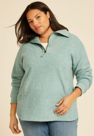 Plus Size Quarter Zip Sherpa Tunic Sweatshirt