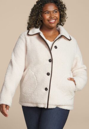 Plus Size Sherpa Faux Leather Trim Jacket