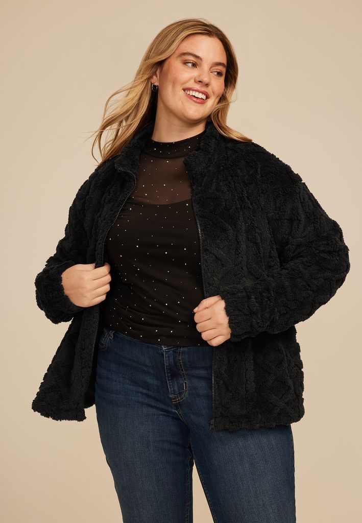 Plus Size Studio Y Cabled Texture Sherpa Jacket - Image 3