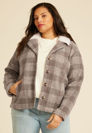 Plus Size Plaid Sherpa Collar Jacket