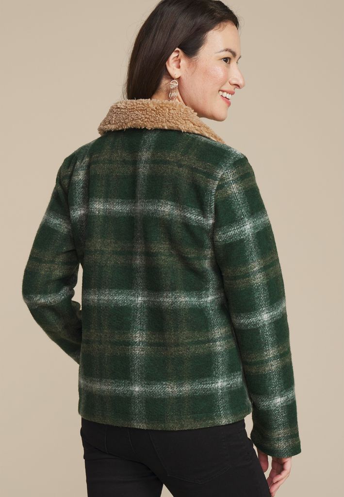 Green Plaid Sherpa Collar Jacket - Image 2