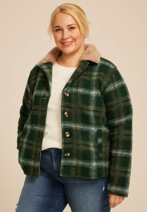 Plus Size Green Plaid Sherpa Collar Jacket
