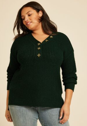 Plus Size Oversized Waffle Henley Sweater