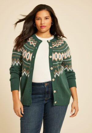 Plus Size Green Fair Isle Button Front Cardigan
