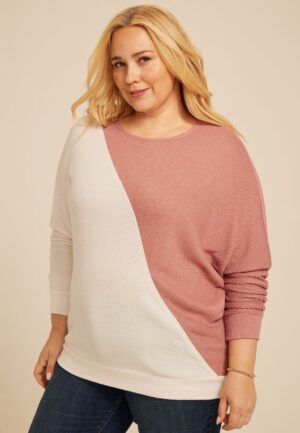 Plus Size 24/7 Dakota Diagonal Seam Colorblock Long Sleeve Tee