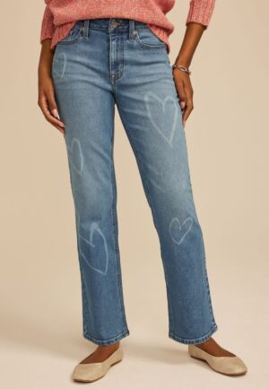 Heart Print High Rise Relaxed Straight Leg Jean