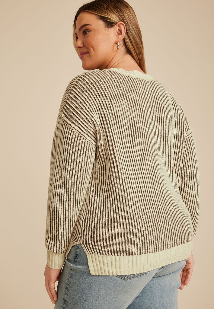 Plus Size Striped Plaited Sweater - Image 2