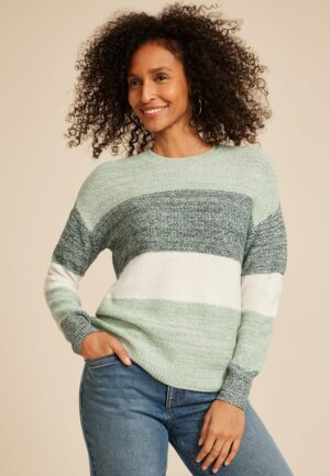Colorblock Striped Crew Neck Sweater