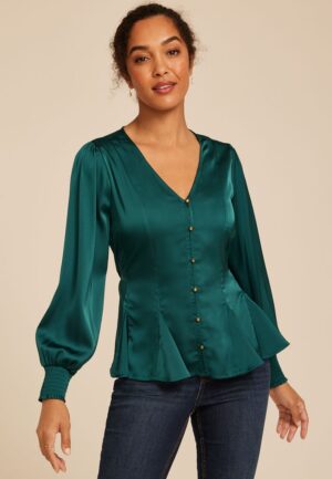 Teal Satin Peplum Blouse