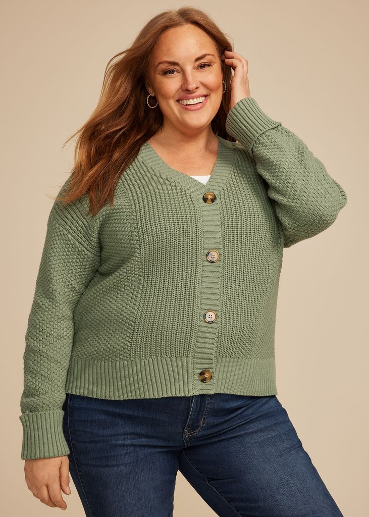 Plus Size Mixed Stitch Button Front Cardigan