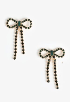 Green Rhinestone Bow Drop Earrings