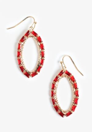 Gold Red Gem Oval Earrings