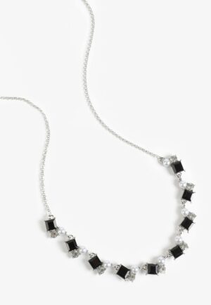 Silver Black Gem and Pearl Necklace