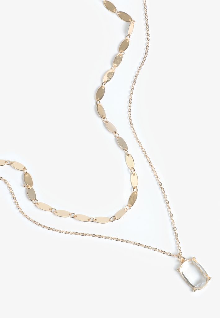 Gold Glass Stone Pendant Layered Necklace