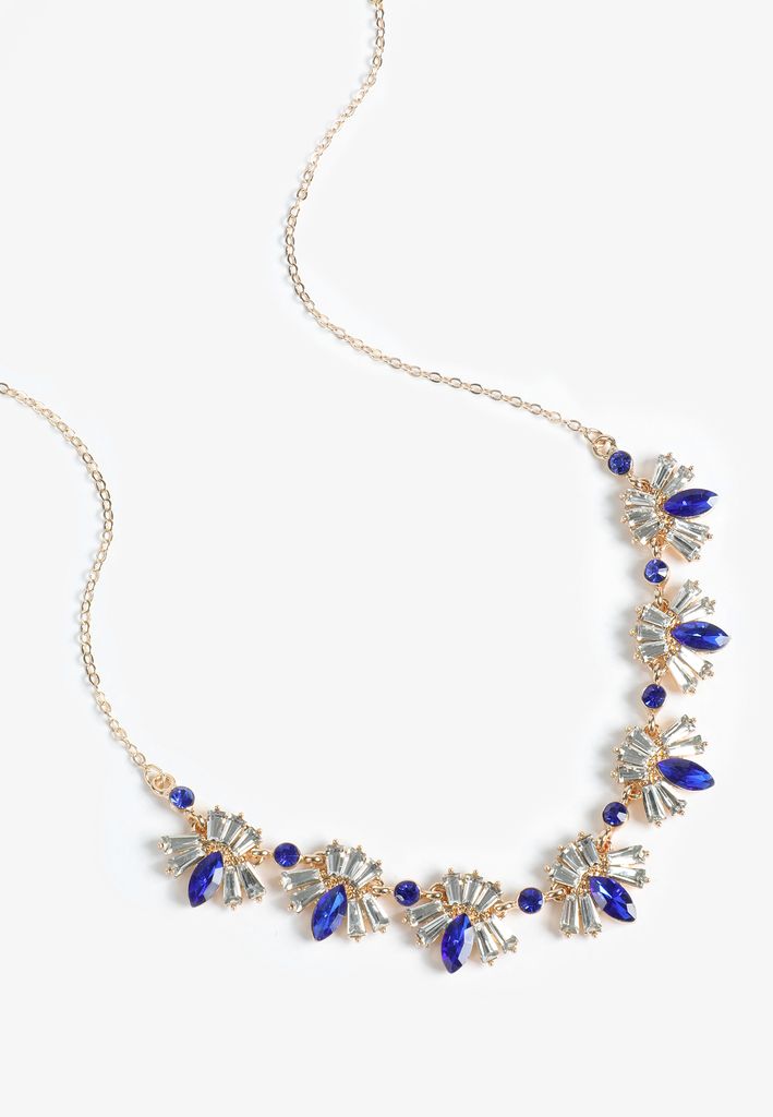 Gold Blue Gem and Crystal Necklace