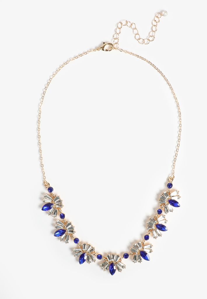 Gold Blue Gem and Crystal Necklace - Image 2