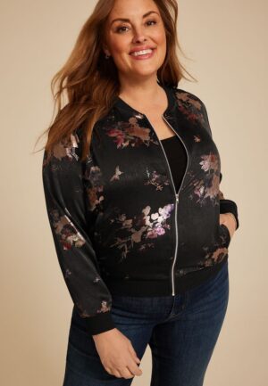 Plus Size Studio Y Metallic Floral Bomber Jacket