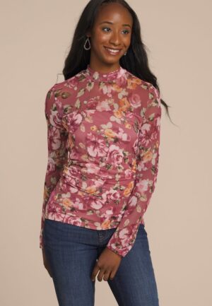 Floral Mesh Mock Neck Blouse