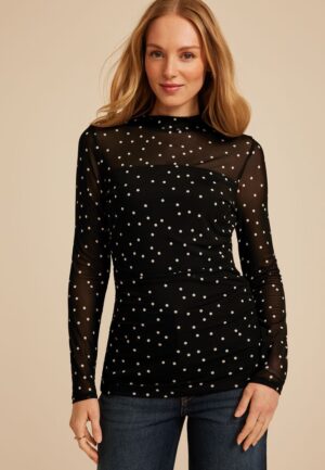 Polka Dot Mesh Mock Neck Blouse