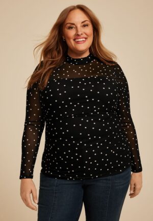 Plus Size Polka Dot Mesh Mock Neck Blouse